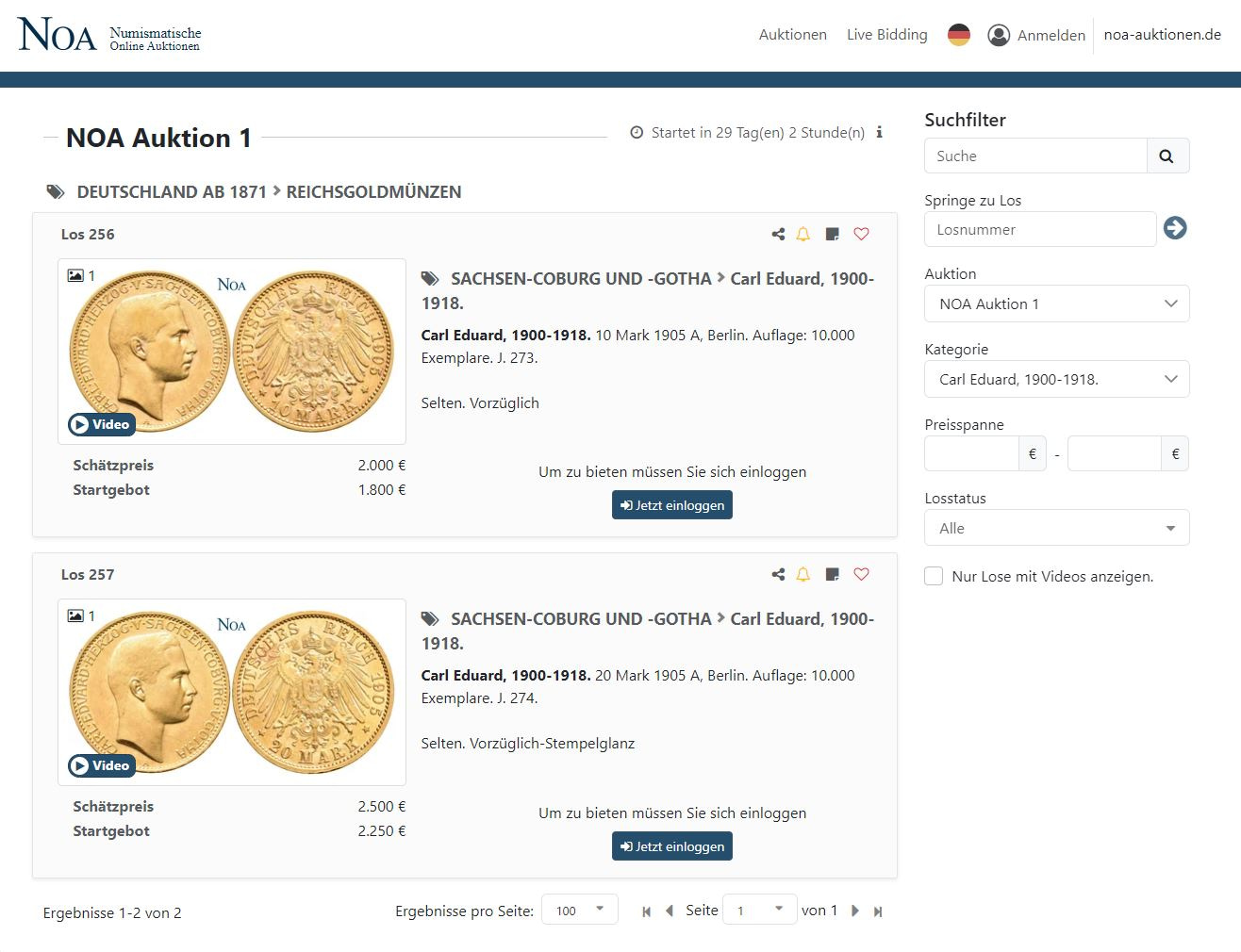 Screenshot NOA - Numismatische online Münzauktionen.