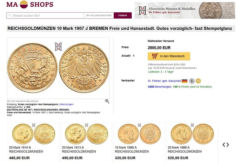 Angebot Kaiserreich Goldmünzen aus unserem MA-Shops.